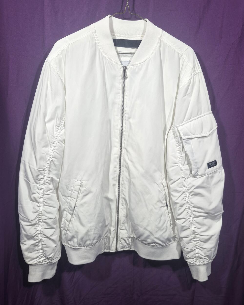 Pull & Bear Mens White MA-1 Bomber Jacket XL Utility Pocket Flight Jacket